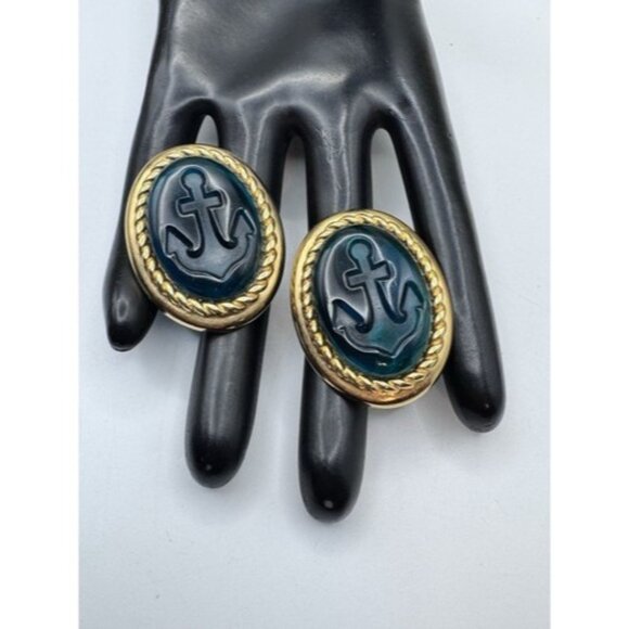 TRIFARI TM Blue Cabochon Earrings Elegant Oval Clip On Acrylic Anchor Design - Picture 12 of 16